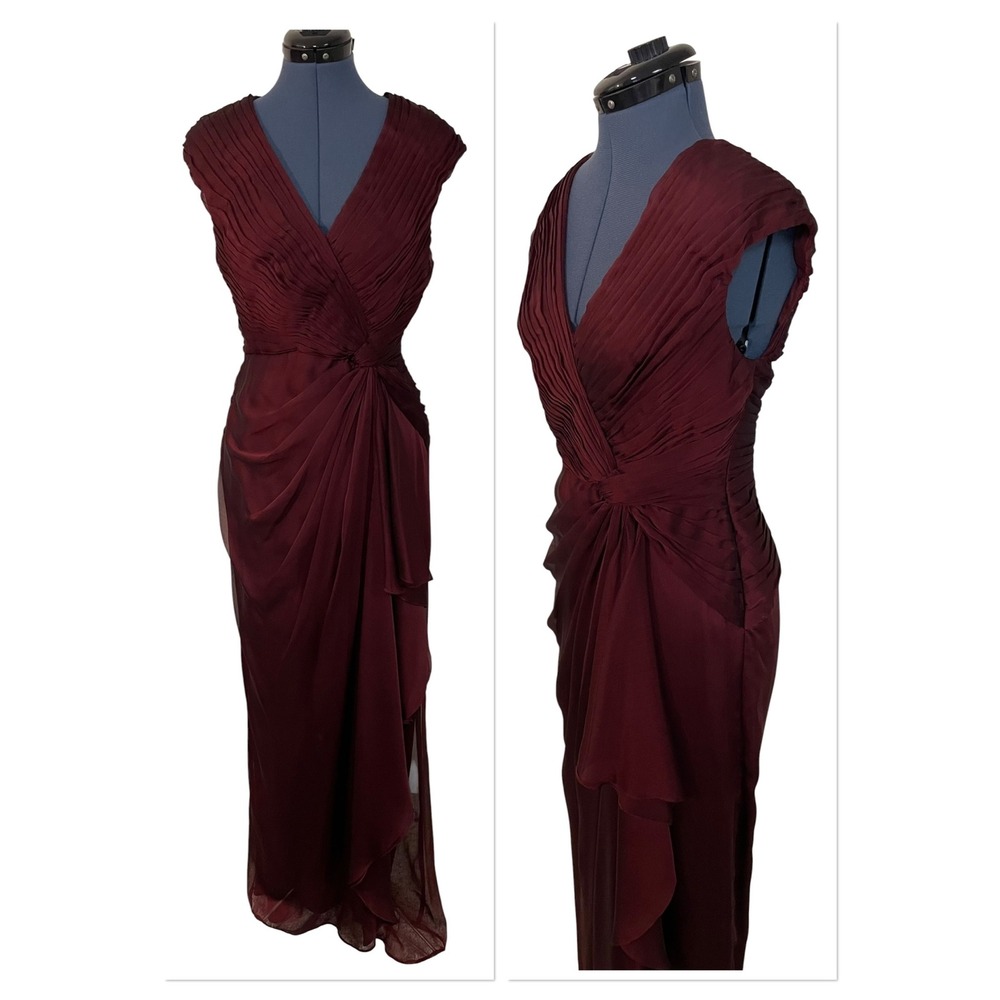 Adrianna Papell E! Red Carpet Burgundy Pleated Draped Gown Formal Sheath Dress